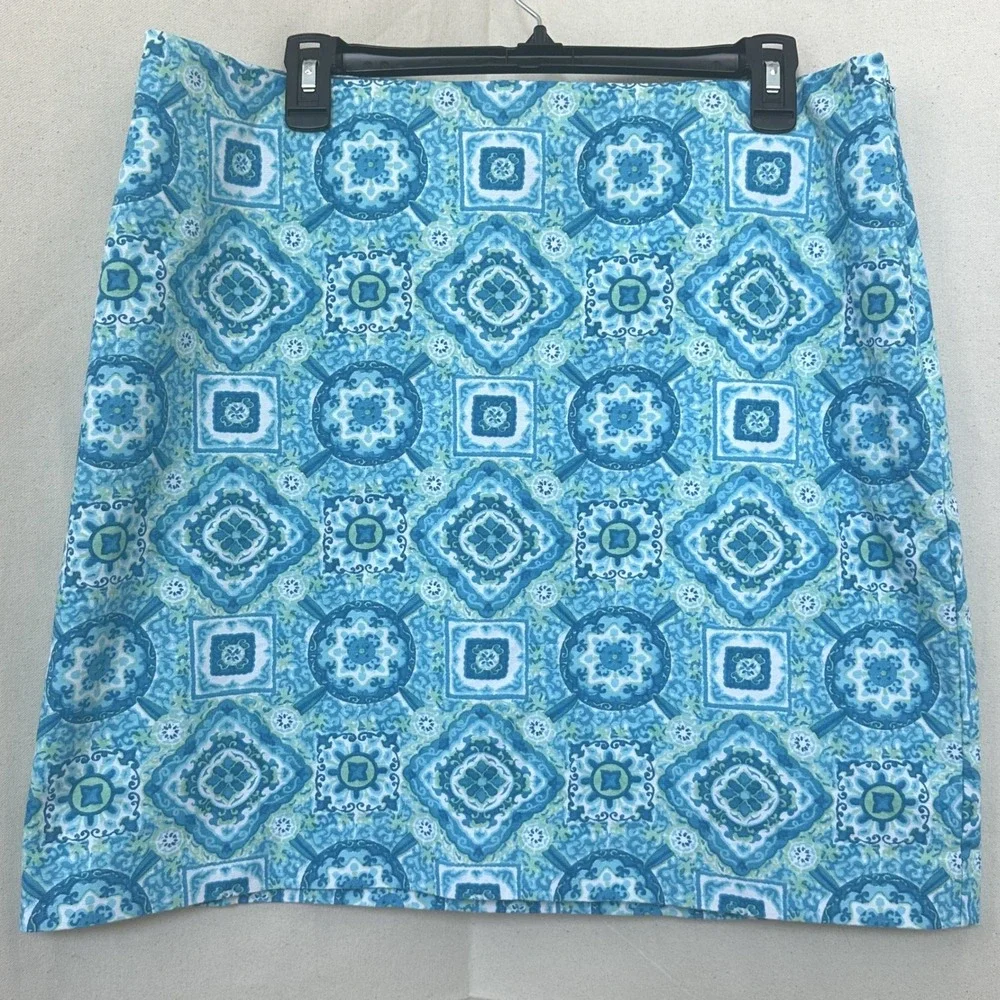 Talbots Coastal Beachy Resort Blue Medallion Tile Print Cotton Mini Skirt Sz 14